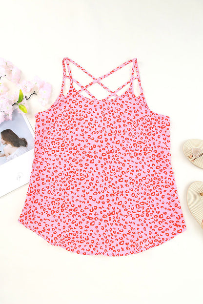 Sleeveless Pink Leopard Print Strappy Tank Top