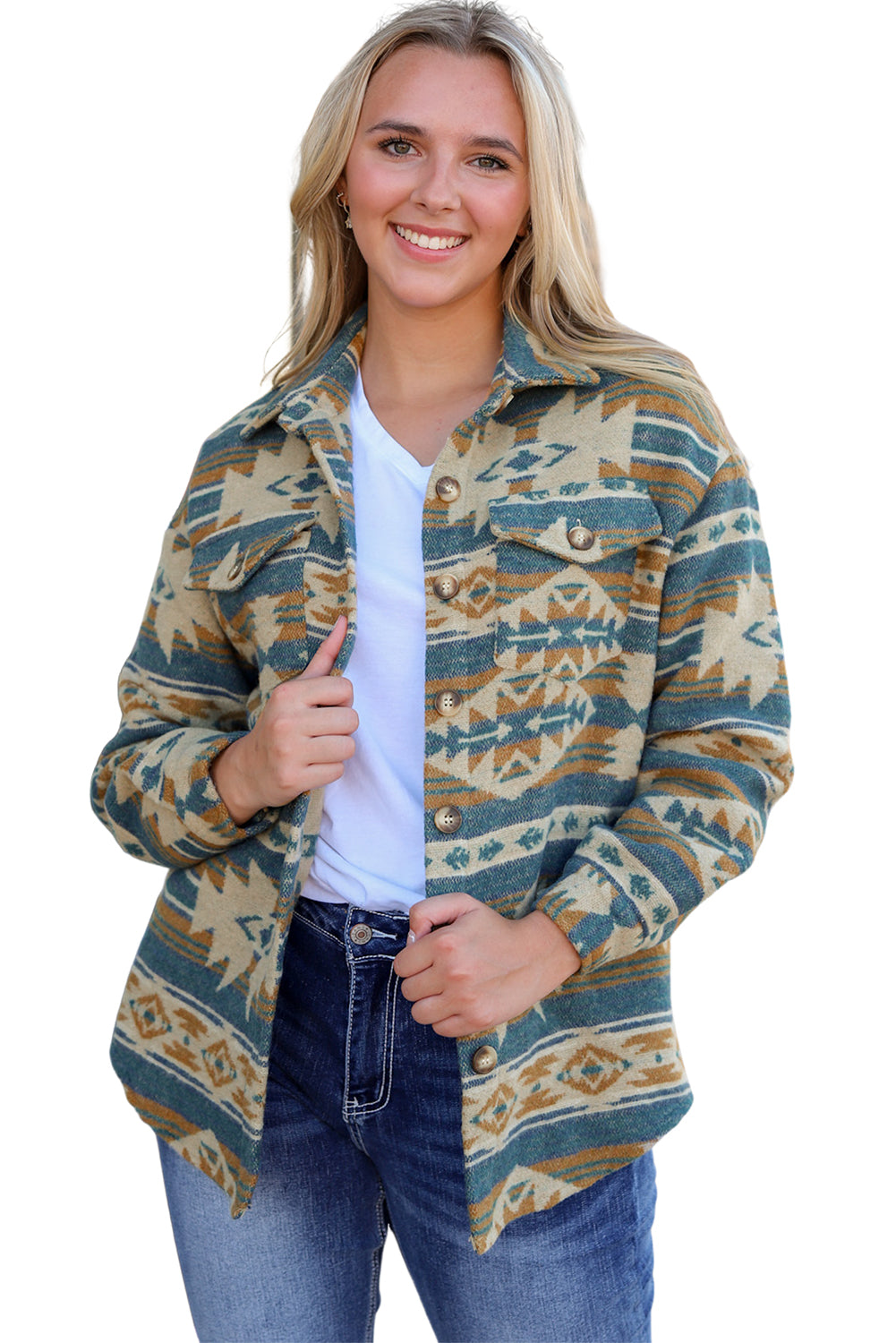 Long Sleeve Southwest Aztec Print Button Down Jacket