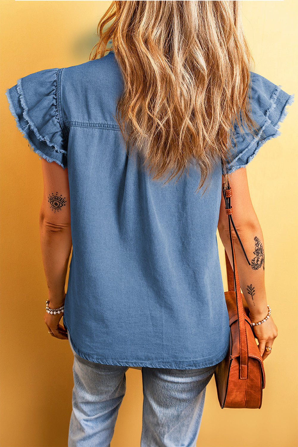 Flutter Sleeve Button-down Denim Jean Shirt