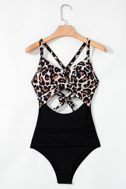 One-Piece Black and Leopard Print Swimsuit
