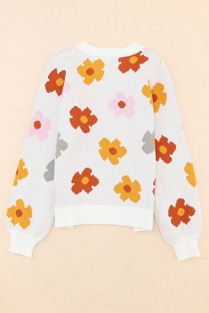 Crew Neck Relaxed Fit Sweater with Daisies