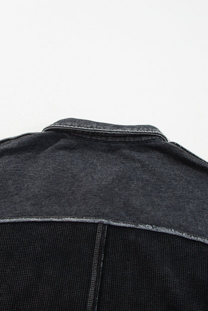 Black Waffle Exposed Seam Pocket Henley Sweatshirt