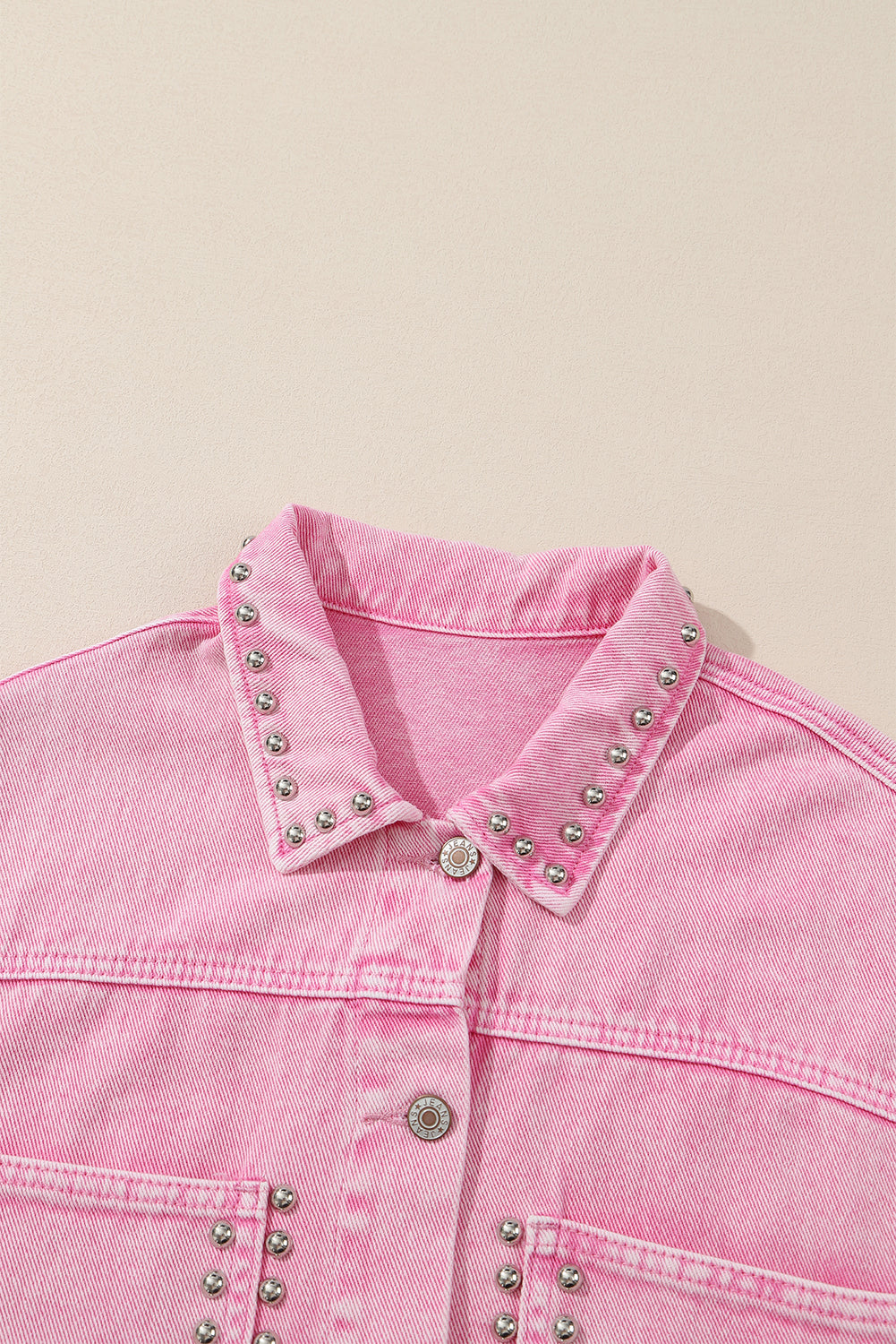 Long Sleeve Button-down Pink Studded Denim Jean Jacket