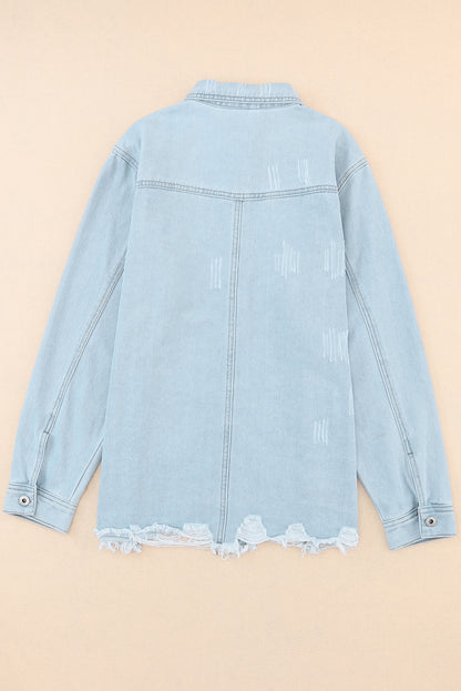 Long Sleeve Button-down Distressed Denim Blue Jean Shirt