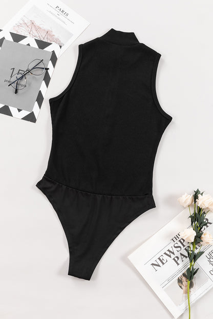 Sleeveless Quarter Zip Black Bodysuit