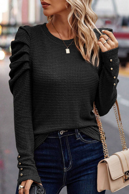 Long Sleeve Waffle knit Button Cuffs Blouse