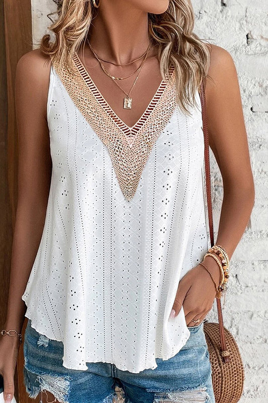 Sleeveless Pointelle Knit White Tank Top