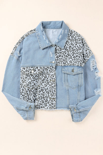 Long Sleeve Button-down Denim Leopard Print Jean Jacket