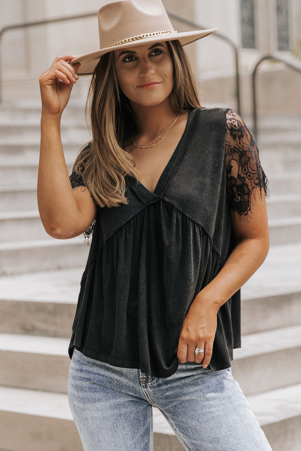 Short Sleeve V-neck Black Lacey Top