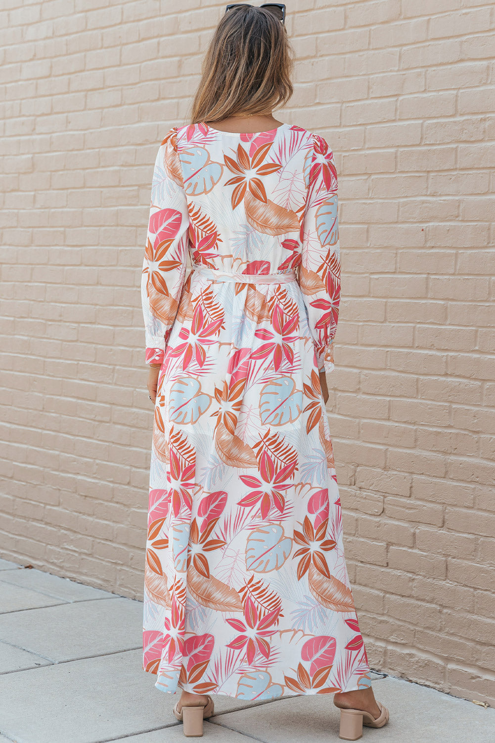 Long Sleeve Tropical Print Wrap V-Neck Maxi Dress