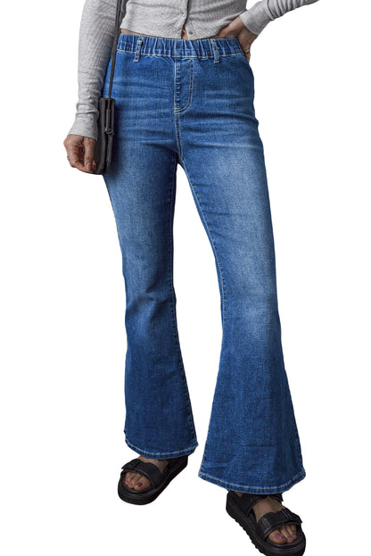 Low-rise Elastic Waist Flared Denim Blue Jeans