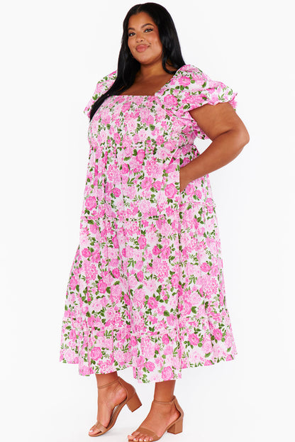 Short Sleeve Floral Print Square Neckline Plus Size Maxi Dress