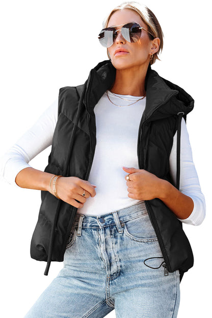 Black Sleek Quilted Puffer Hooded Vest Coat