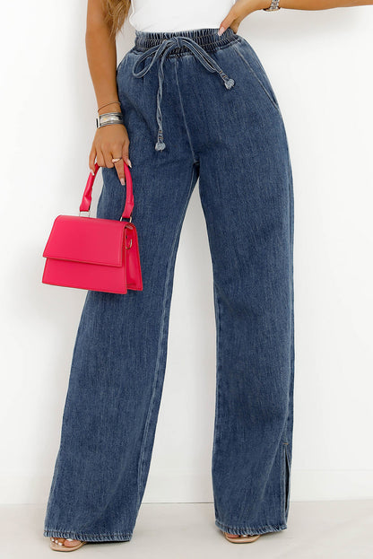 High Rise Elastic Drawstring Waist Wide Leg Jeans