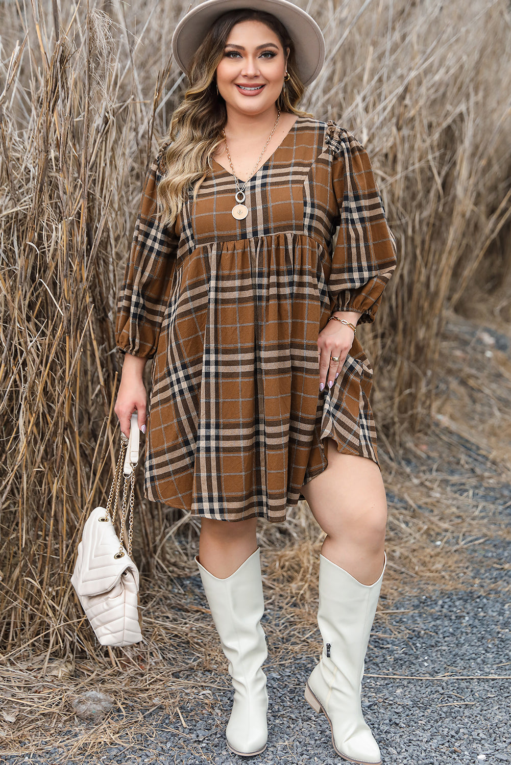 Short Sleeve V-neck Plaid Plus Size Mini Dress