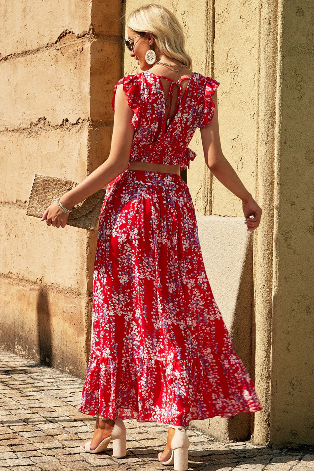 Flutter Sleeve Floral Print V-neck Maxi Skirt Set