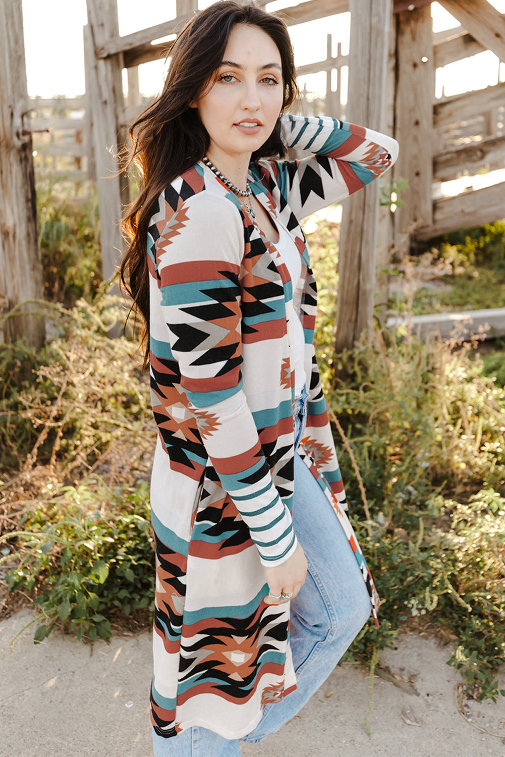 Long Sleeve Open Front Aztec Print Duster/Cardigan