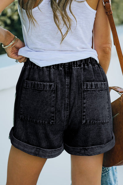 Mid-Rise Elastic Drawstring Waist Black Denim Jean Shorts