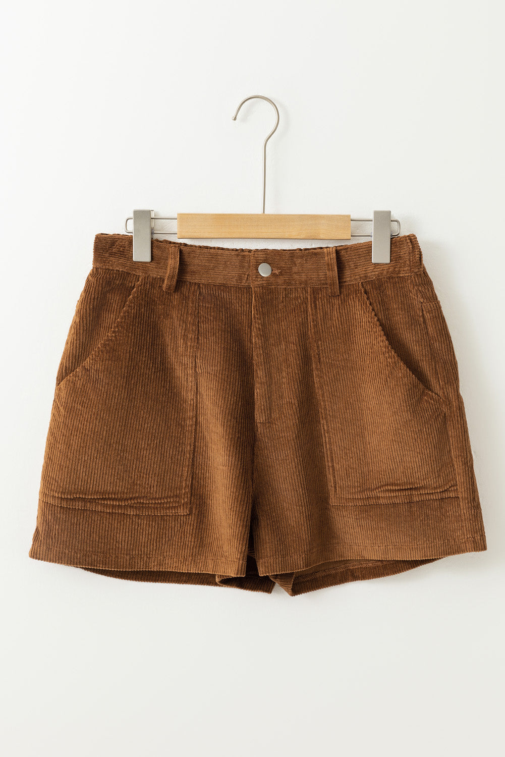 Brown Vintage Elastic Waist Back Pocketed Corduroy Shorts