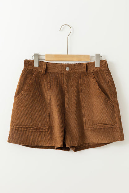 Brown Vintage Elastic Waist Back Pocketed Corduroy Shorts