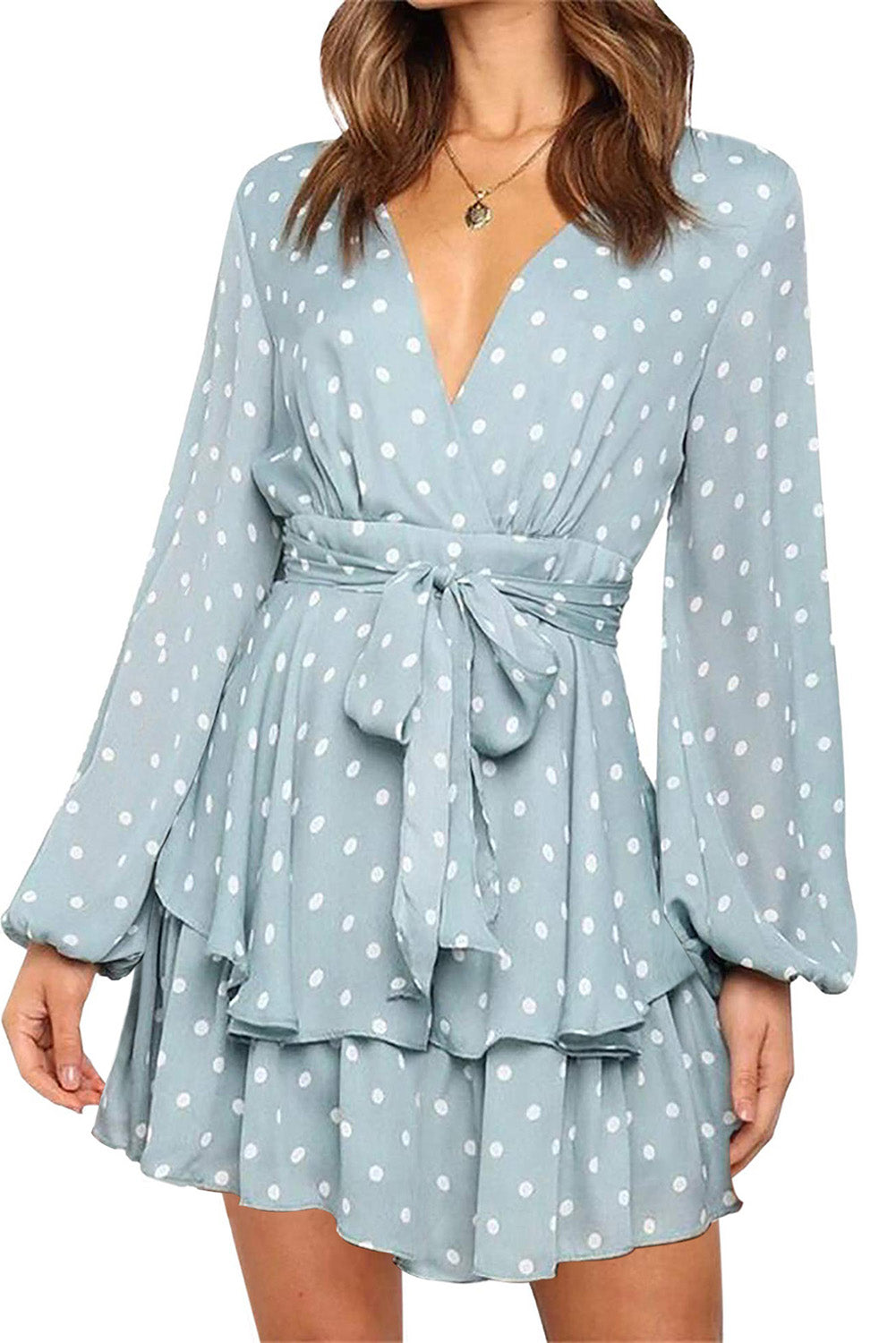 Long Sleeve Blue and White Polka-dot Wrap Dress