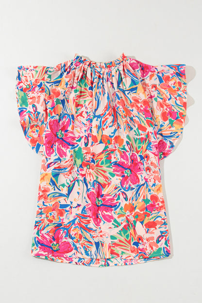 Flutter Sleeve Floral Print V-neck Top