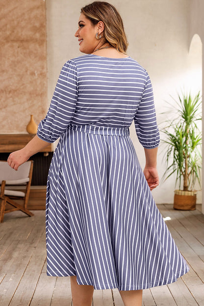 3/4 Sleeve V-neck Striped Midi Dress