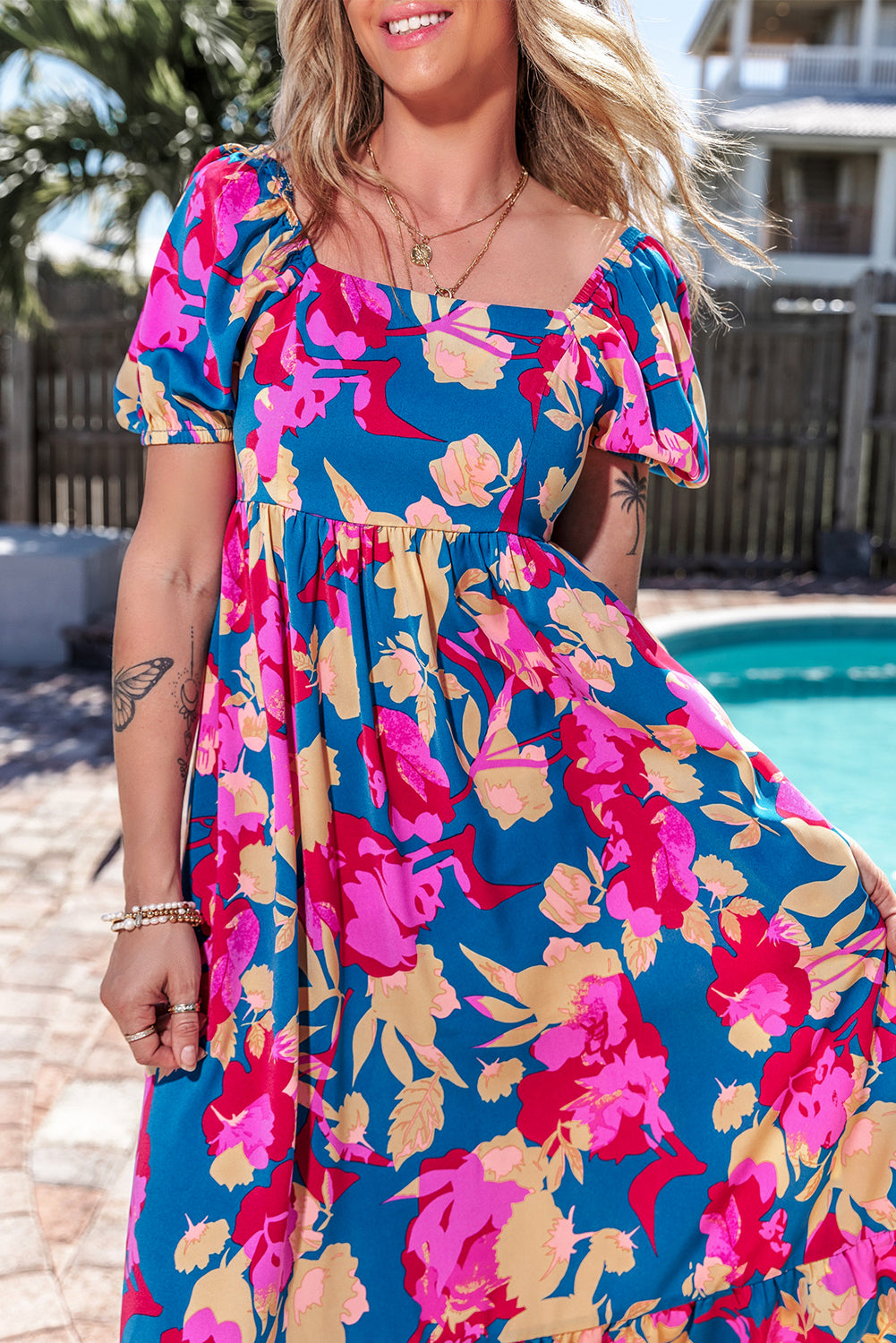 Short Sleeve Floral Print MIDI Dress