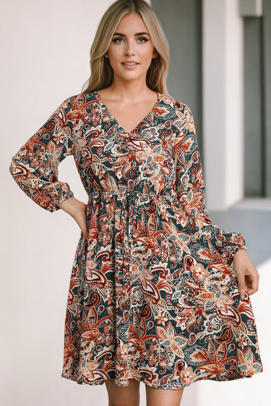 Long Sleeve V-neck Floral Print Mini Dress