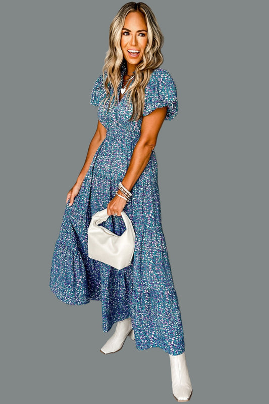 Flutter Sleeve V-Neck Floral Print Maxi Dress