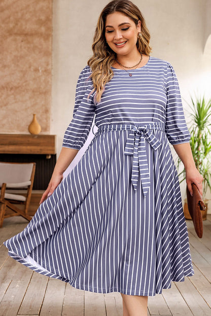 3/4 Sleeve V-neck Striped Midi Dress