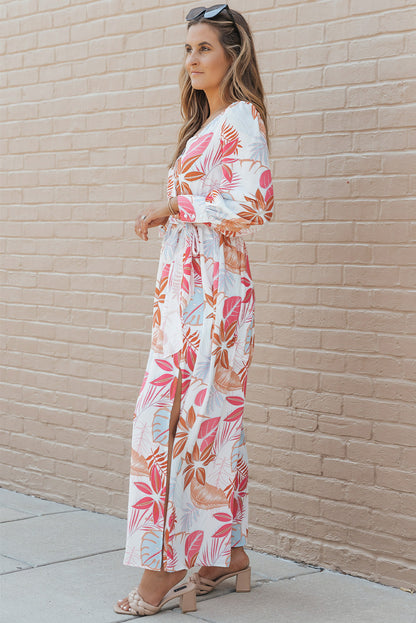 Long Sleeve Tropical Print Wrap V-Neck Maxi Dress