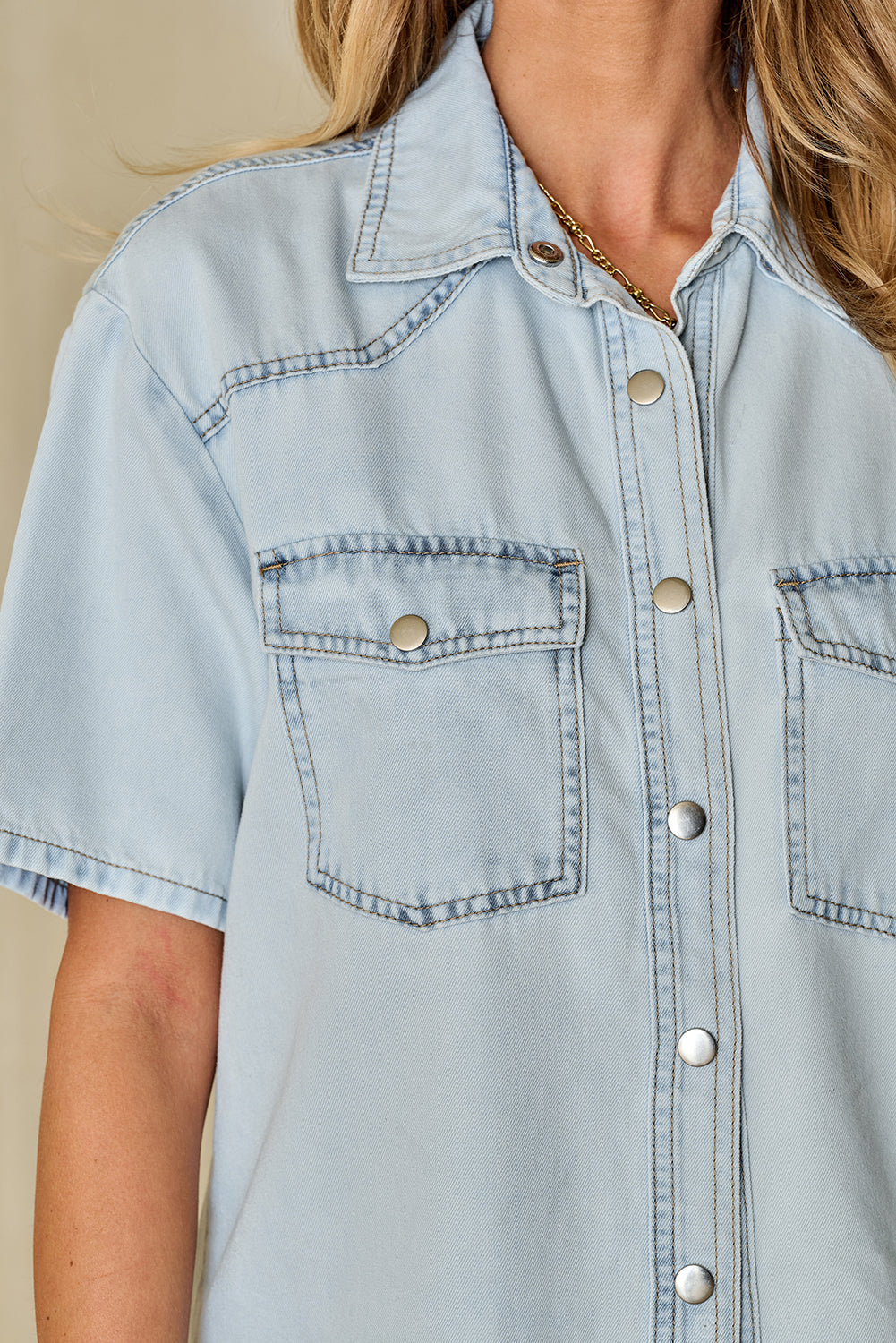 Half Sleeve Snap Front Chambray Denim Jean Shirt