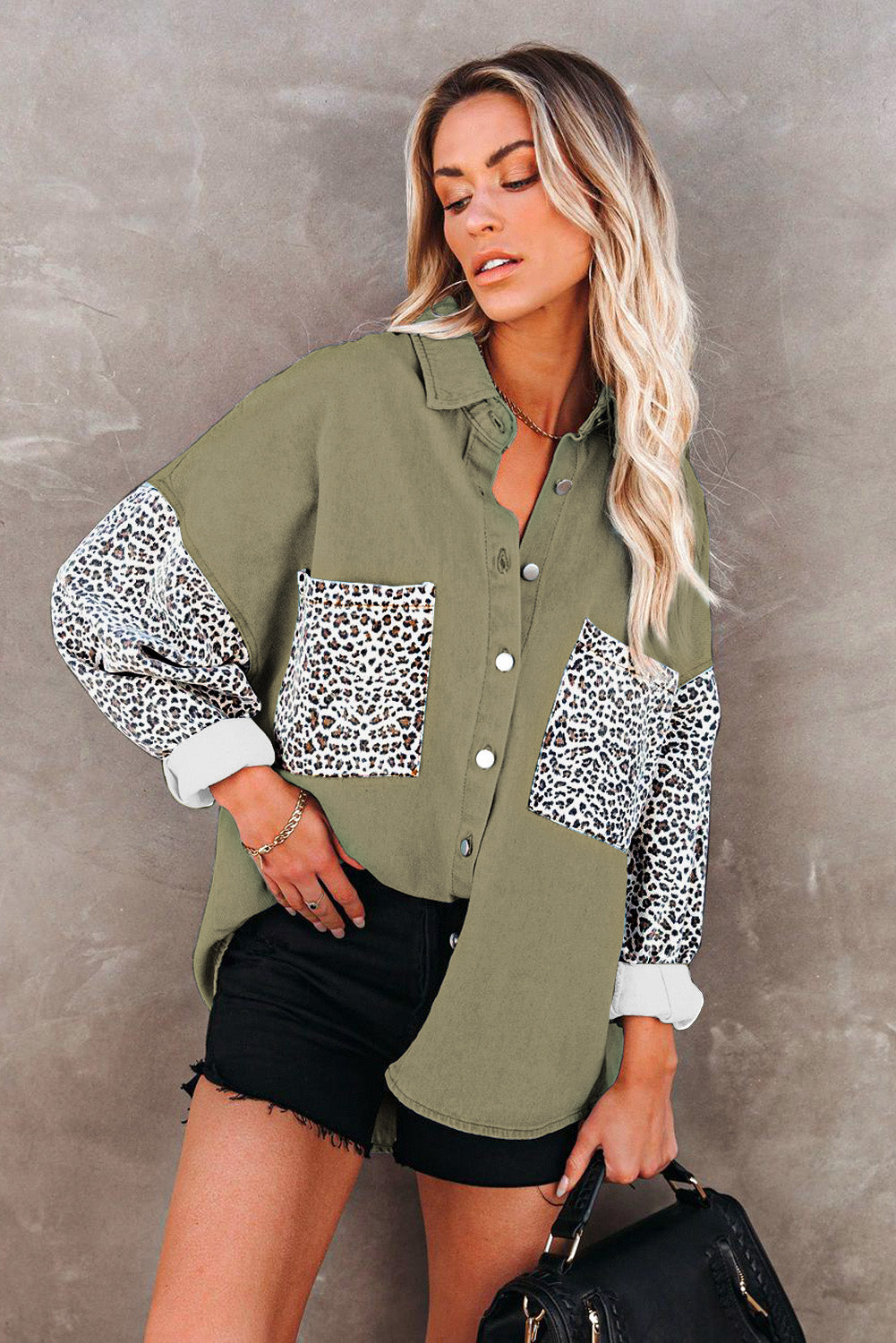 Long Sleeve Button-down Leopard Print Green Denim Jean Jacket