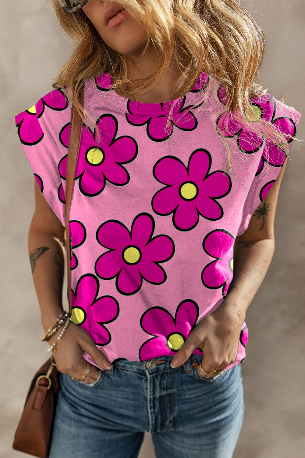 Cap sleeve Floral Print Pink Daisies Top/T-shirt