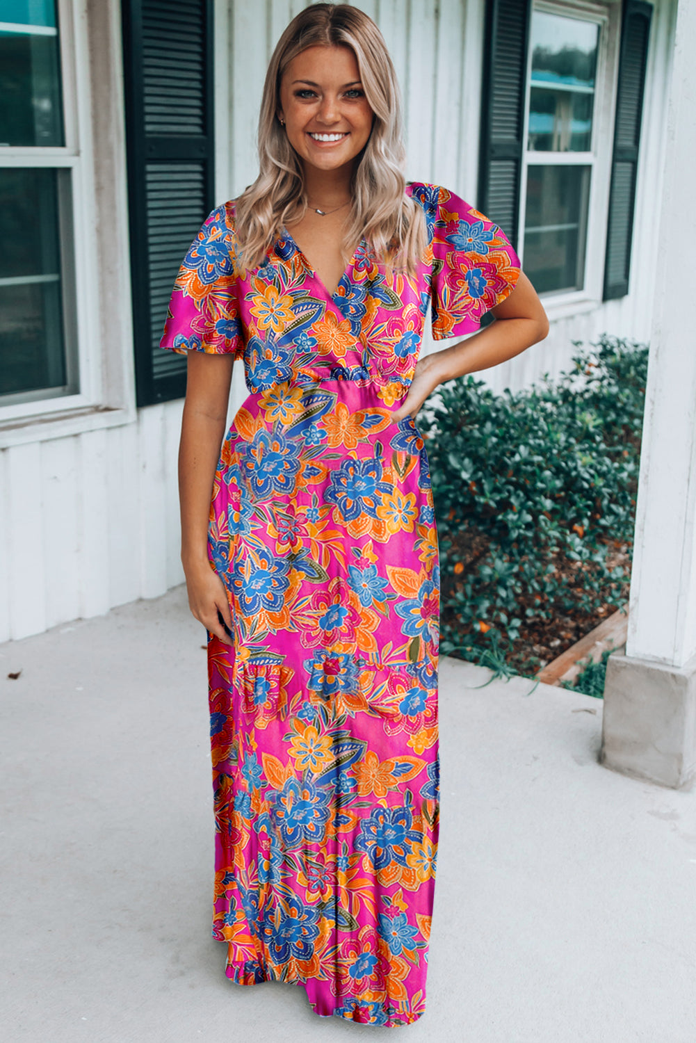 Short Sleeve Floral Print Maxi Dress