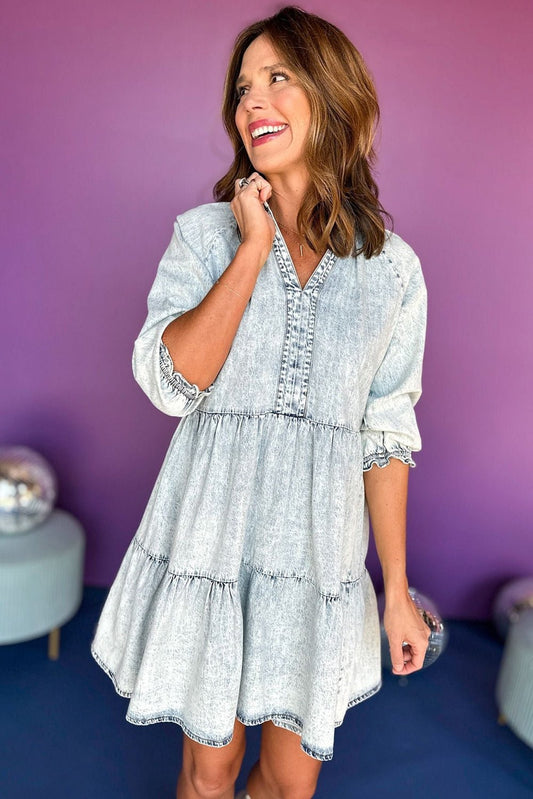 1/2 Sleeve V-neck Denim Blue Jean Dress