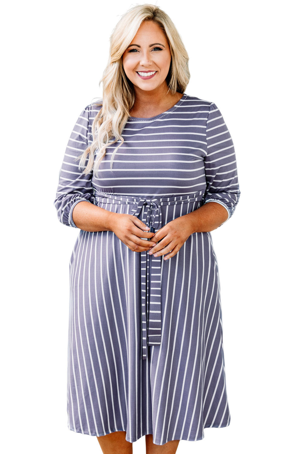 3/4 Sleeve V-neck Striped Midi Dress