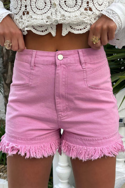 Mid Rise Raw Hem Pink Denim Jean Shorts