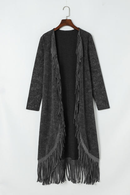 Black Long Western Style Open Front Cardigan with Fringe Detail