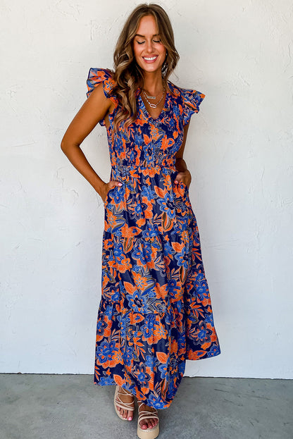 Flutter Sleeve Floral Print V-neck Maxi Dress