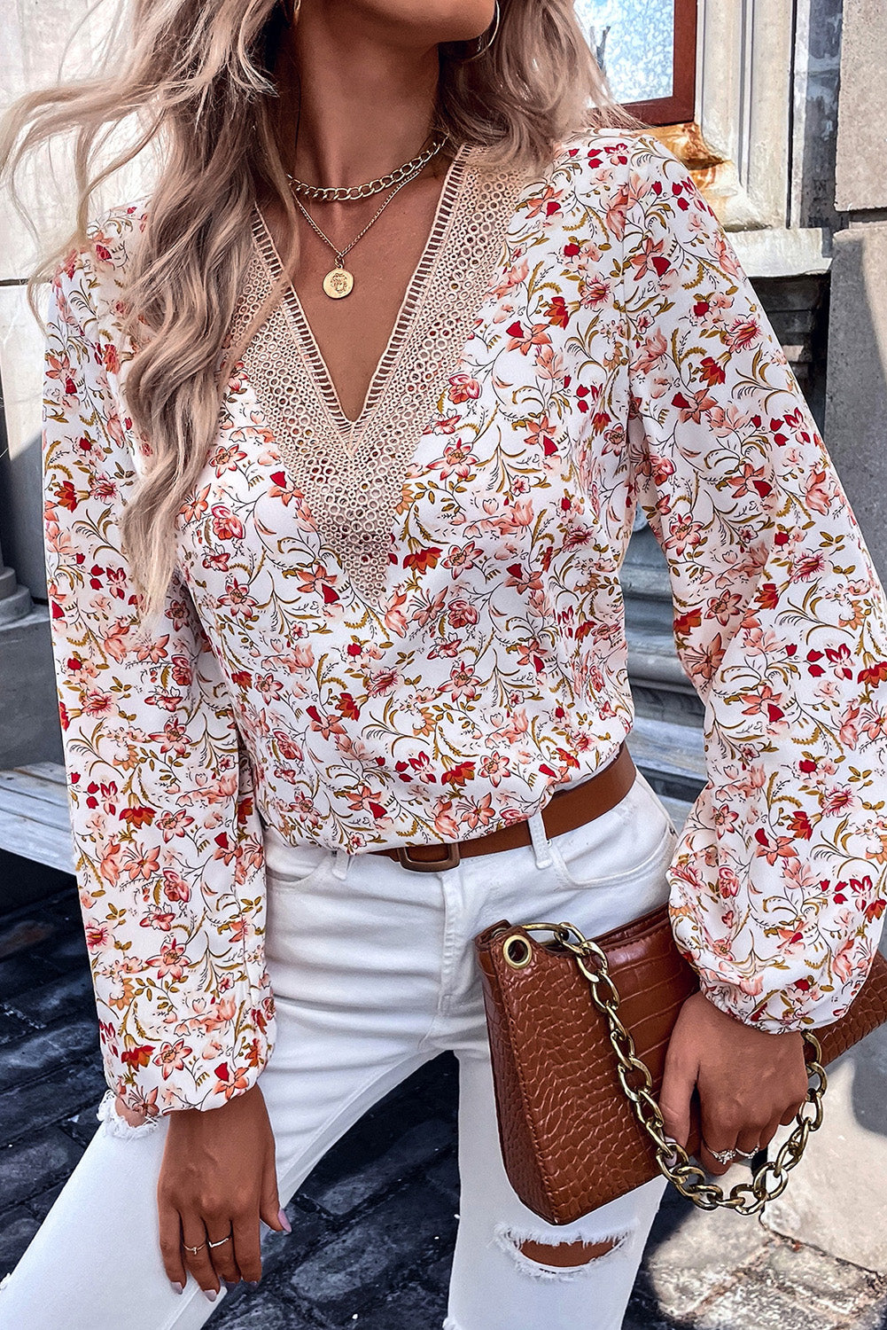 Long Sleeve Floral Print V-neck Top