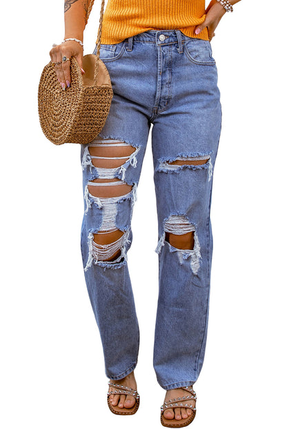 Mid-Rise Distressed Denim Blue Jeans