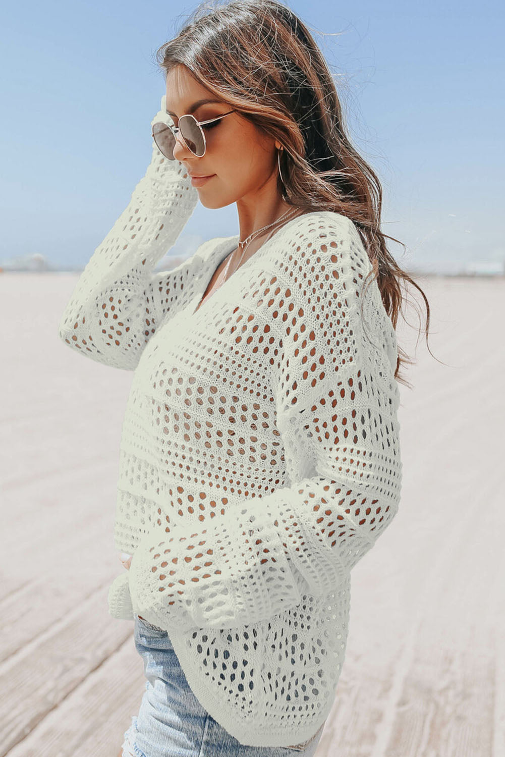 Long Sleeve Loose Knit Crochet Beach Cover-up