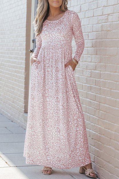 Long Sleeve Leopard Print Pink Maxi Dress