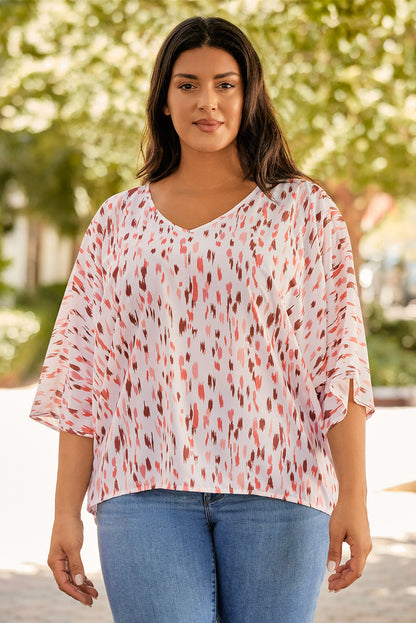 3/4 Sleeve V-neck Leopard Print Plus Size Top