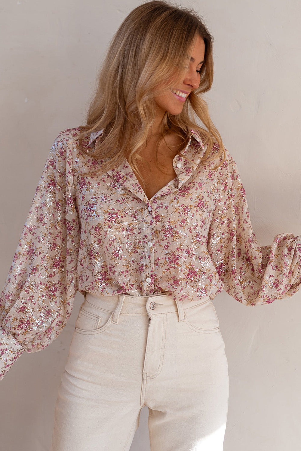 Long Sleeve Floral Print Button-down Top