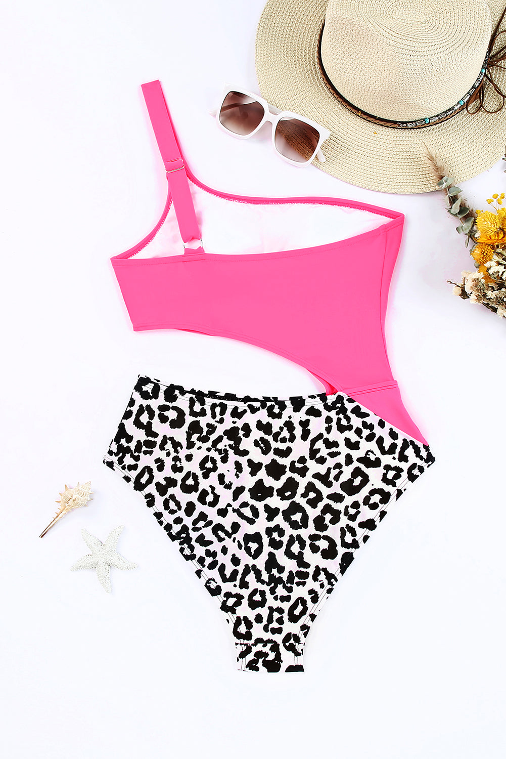 One Piece Pink and Leopard Print One Shoulder Swimsuit