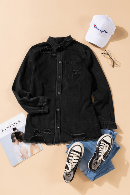 Long Sleeve Button-Down Black Ripped Denim Jean Jacket