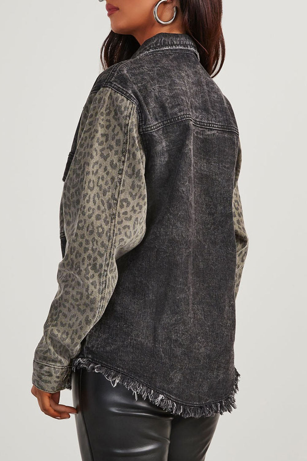 Long Sleeve Button-down Leopard Print Denim Jean Jacket